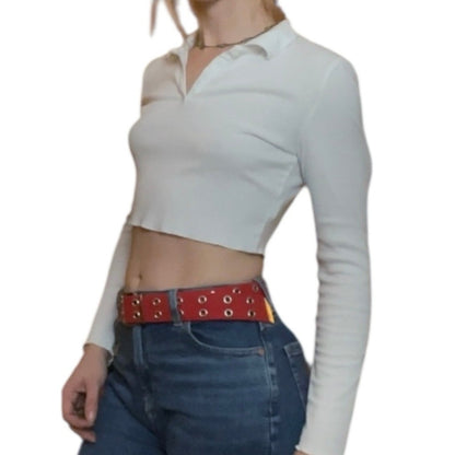 SHEIN White Ribbed Cropped Long Sleeve Collared Top