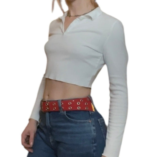 SHEIN White Ribbed Cropped Long Sleeve Collared Top