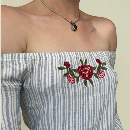 LA Hearts Striped Embroidered Rose Off the Shoulder Bell Sleeve Blouse