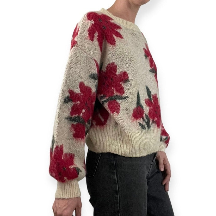 Zuiki Cream and Red Floral Knit Sweater