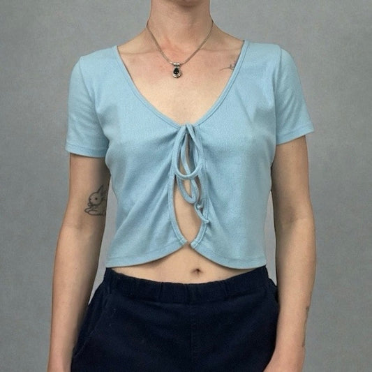 Romwe Blue Ribbed Tie Front Cropped Short Sleeve V-Neck Top