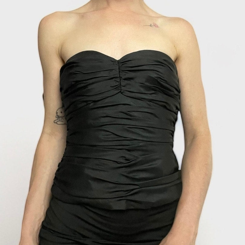 David’s Bridal Vintage Black Strapless Ruched Cropped Prom Dress Top