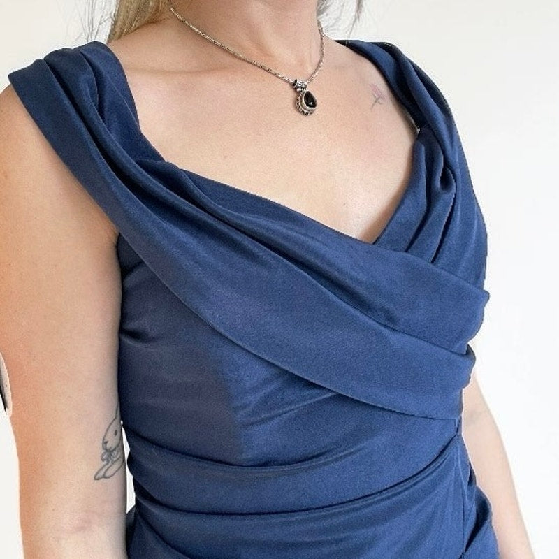Nicole Miller Blue Draped Ruched Cowl Neck Bodycon Mini Dress