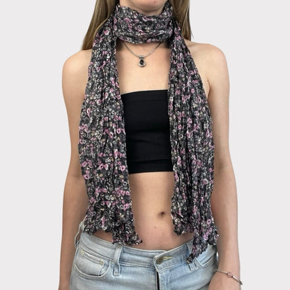 Sheer Black & Pink Floral Thin Scarf