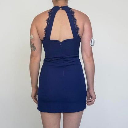 Lulu's Blue Lace Trim Open Back Halter Mini Dress