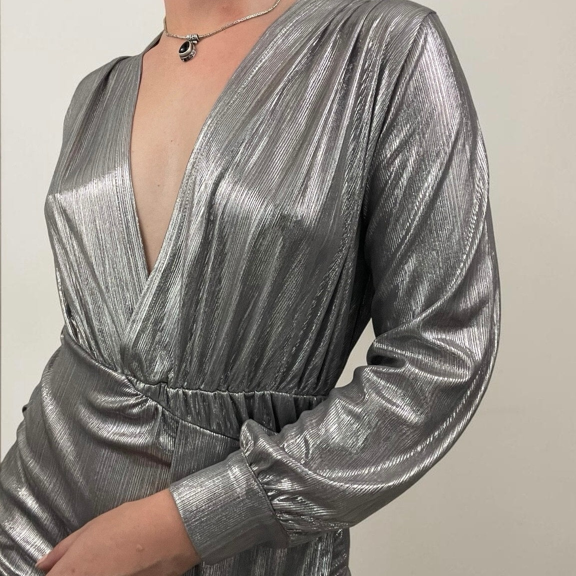 Silver Metallic Draped Long Sleeve Plunge Neck Mini Dress