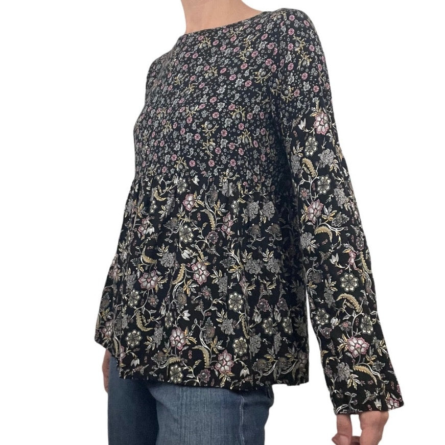 Lascana for Venus Black Floral Long Sleeve Billowy Blouse