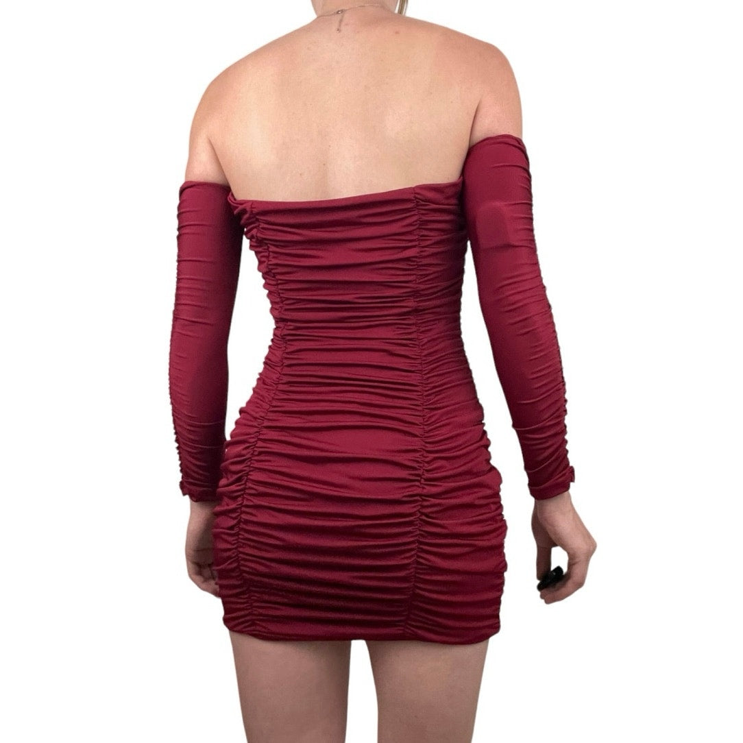 SHEIN Maroon Off the Shoulder Ruched Bodycon Long Sleeve Mini Dress