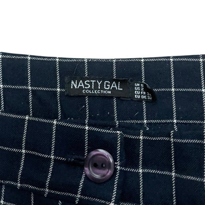 Nasty Gal Navy Blue & White Grid Check High Rise Cuffed Trousers