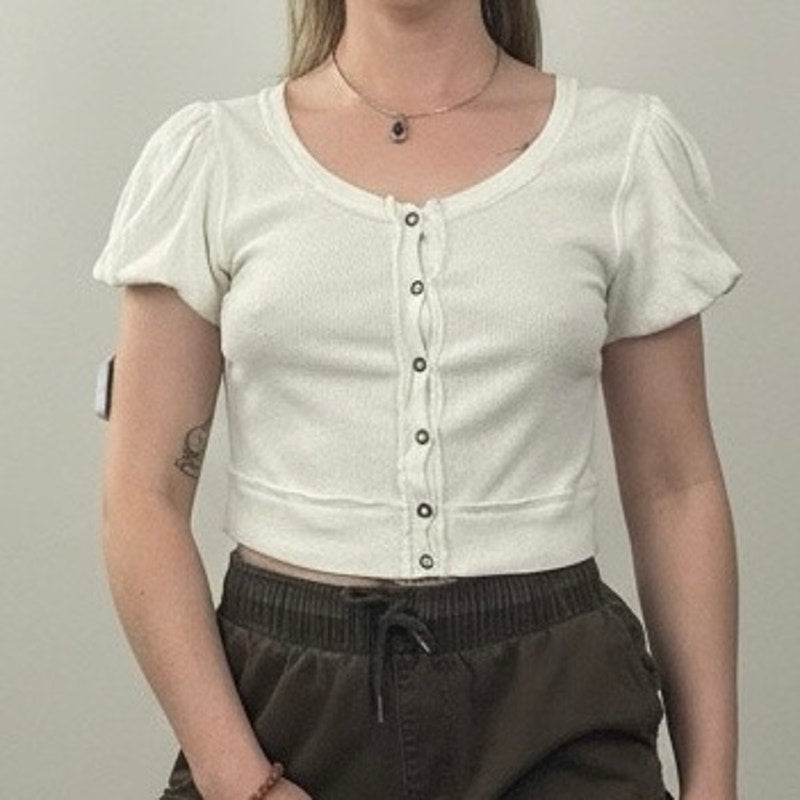We The Free White Ribbed Button Front Puff Sleeve Cropped Top