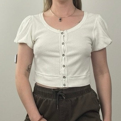 We The Free White Ribbed Button Front Puff Sleeve Cropped Top
