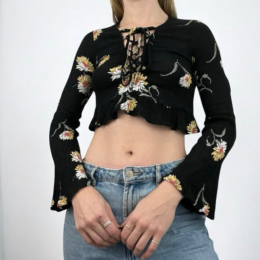 L.A. Hearts Black Floral Long Bell Sleeve Lace Up Cropped Top