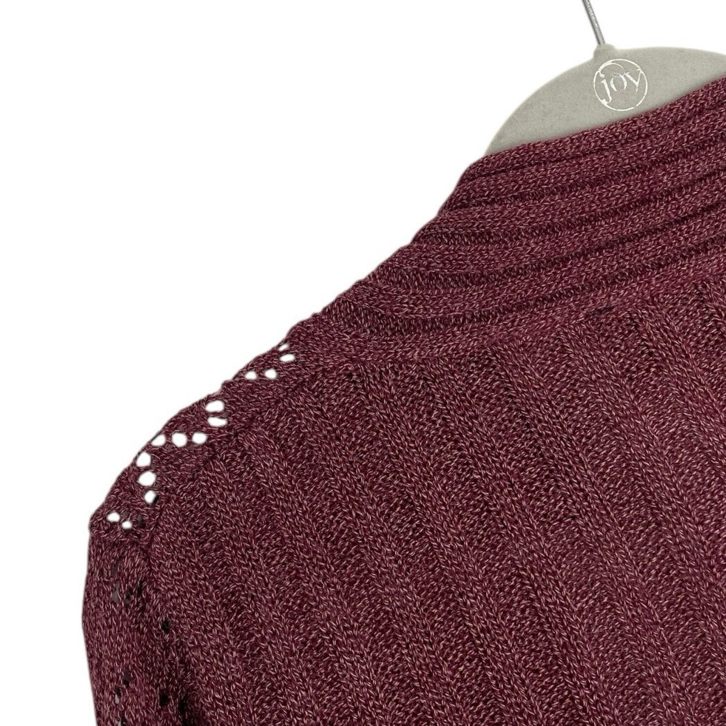Acxess Maroon Sheer Loose Boho Knit V-Neck Ribbed Sweater