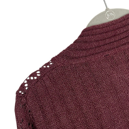 Acxess Maroon Sheer Loose Boho Knit V-Neck Ribbed Sweater
