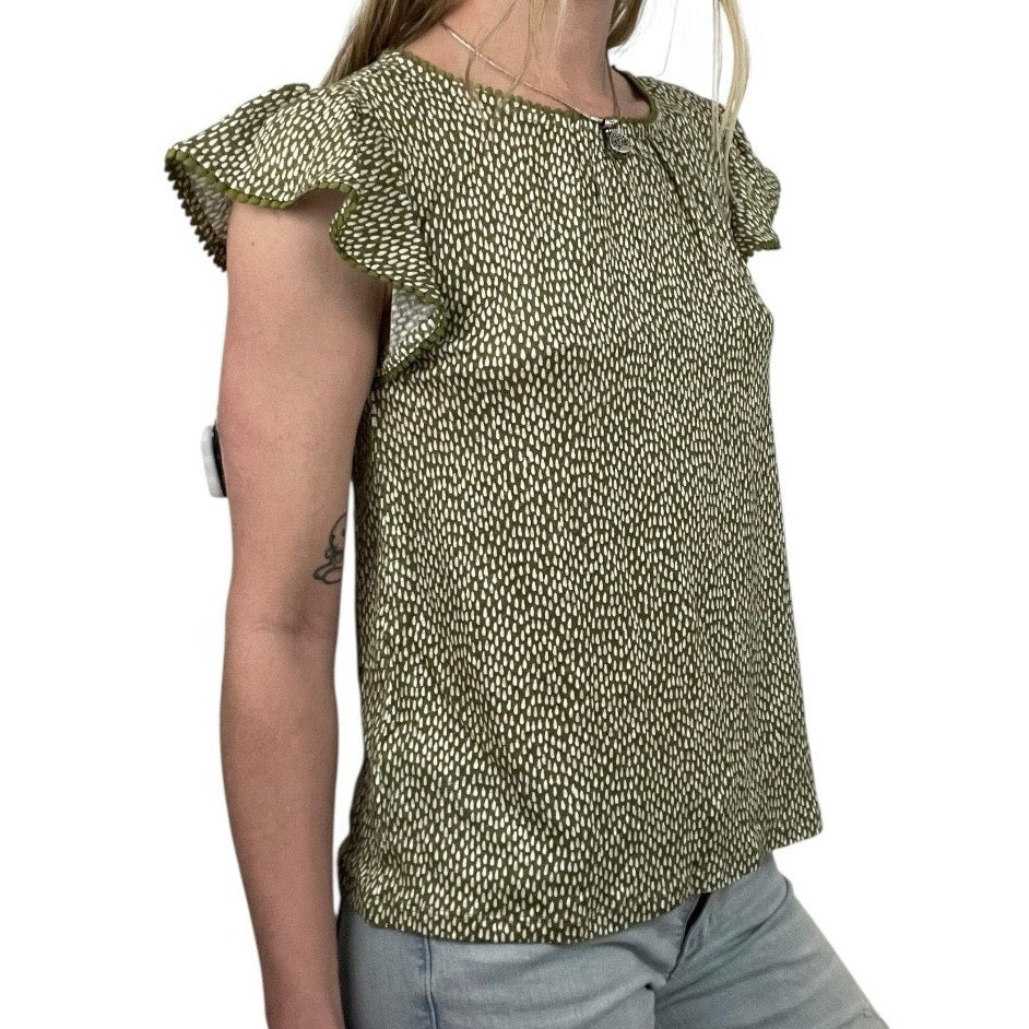 NWT LOFT Linen Green & White Dot Boho Embroidered Trim Blouse