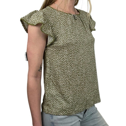 NWT LOFT Linen Green & White Dot Boho Embroidered Trim Blouse