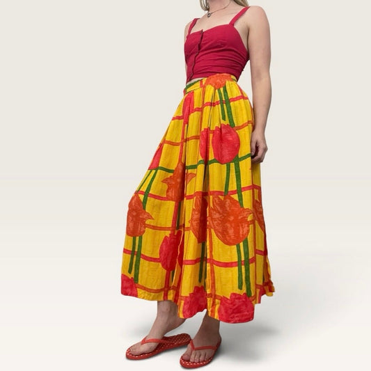 Moda Spiegel Yellow & Red Tulip Print Side Slit Maxi Skirt