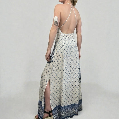 Desigual White & Blue Boho Halter Cross Open Back Side Slit Maxi Dress
