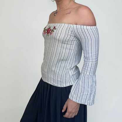 LA Hearts Striped Embroidered Rose Off the Shoulder Bell Sleeve Blouse