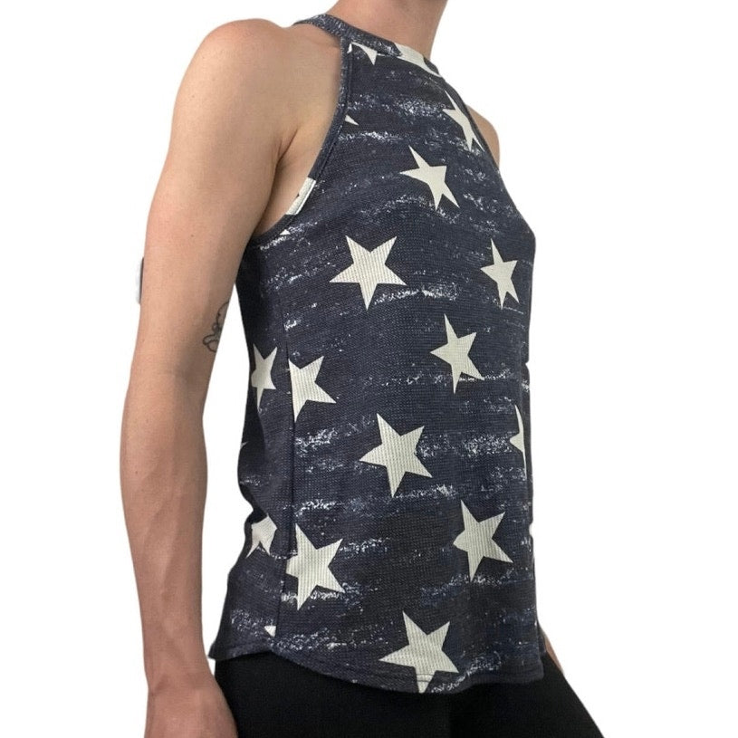 Yahada Soft Knit Navy Blue and White Star Print Tank Top Blouse