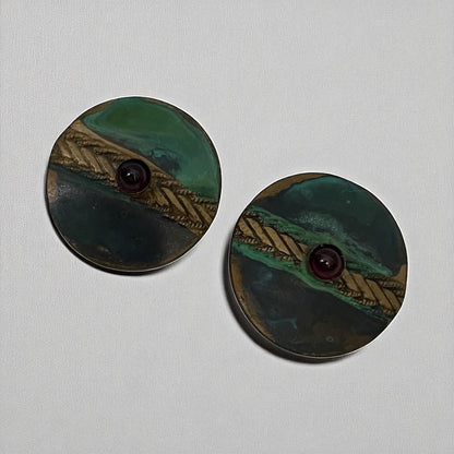 Vintage Green & Gold Circle Round Stud Earrings