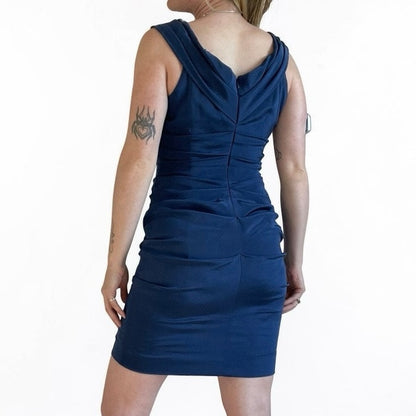 Nicole Miller Blue Draped Ruched Cowl Neck Bodycon Mini Dress