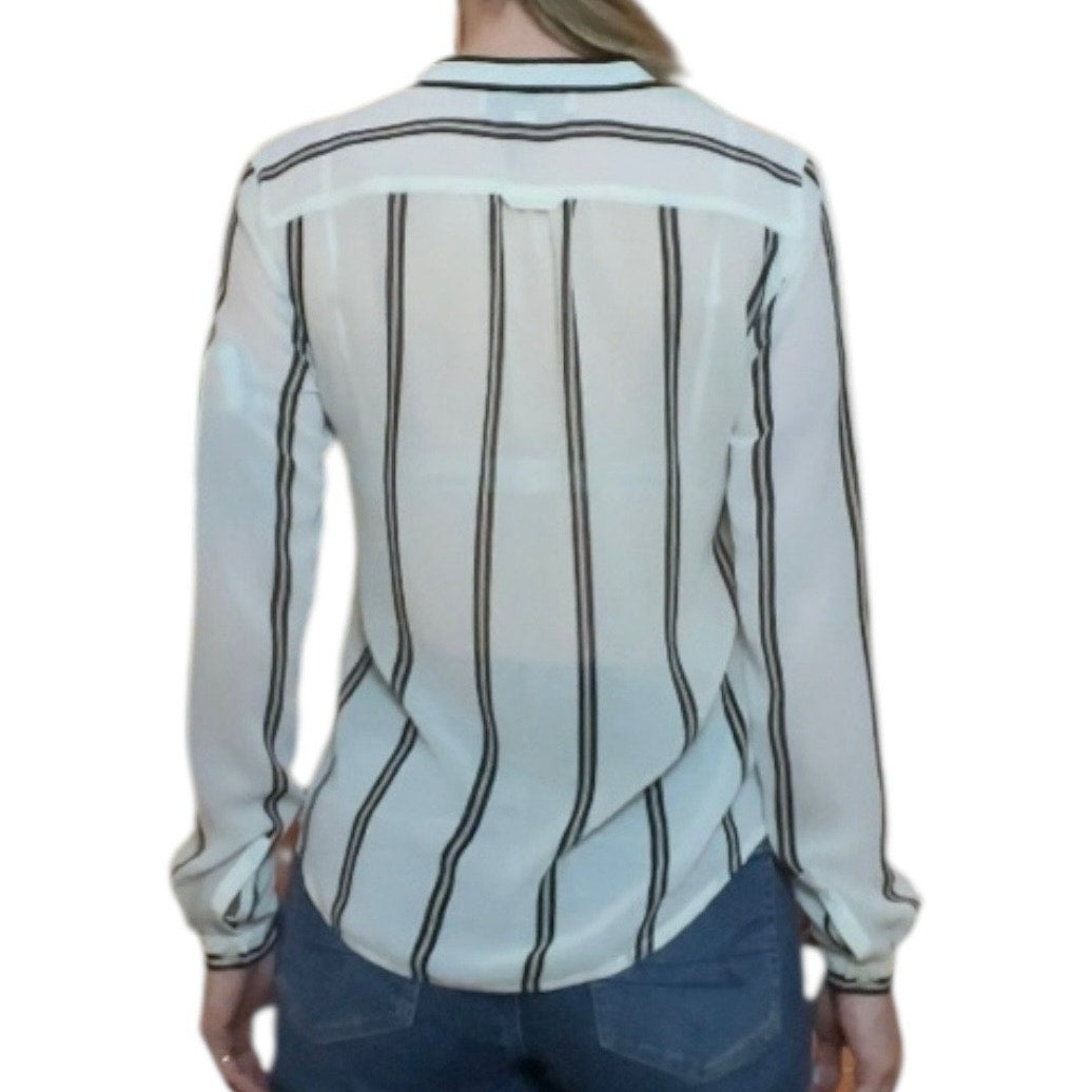 LOFT Sheer Black & White Striped Long Sleeve V-Neck Blouse