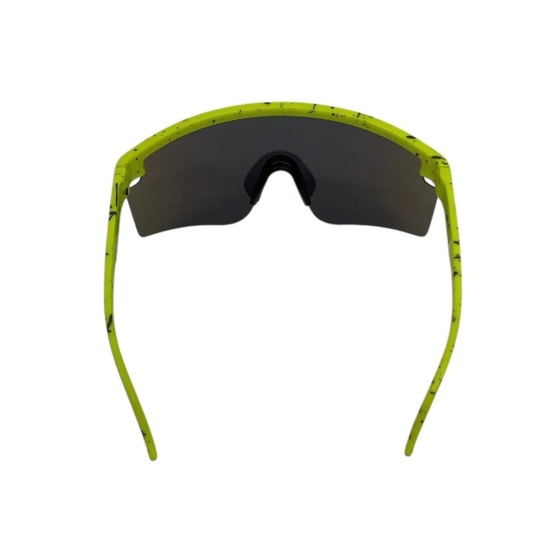 Neon Yellow & Black Splatter Frame Blue Lens Shield Sunglasses