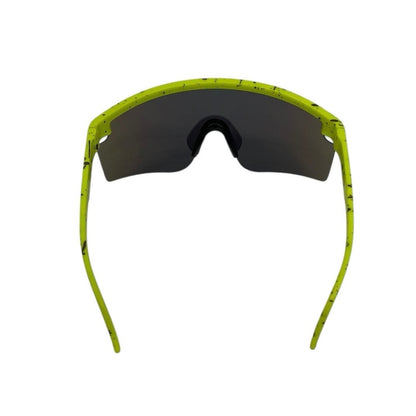 Neon Yellow & Black Splatter Frame Blue Lens Shield Sunglasses