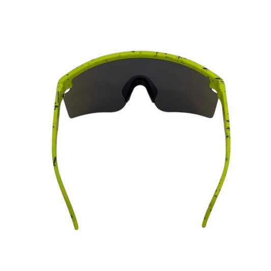 Neon Yellow & Black Splatter Frame Blue Lens Shield Sunglasses
