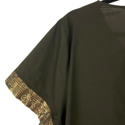 Dana Buchman Green & Gold Sequin Short Sleeve V-Neck Blouse