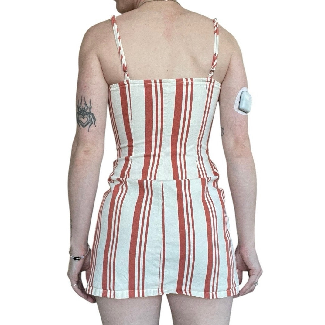 Sky and Sparrow Orange & White Striped Button Down V-Neck Mini Dress