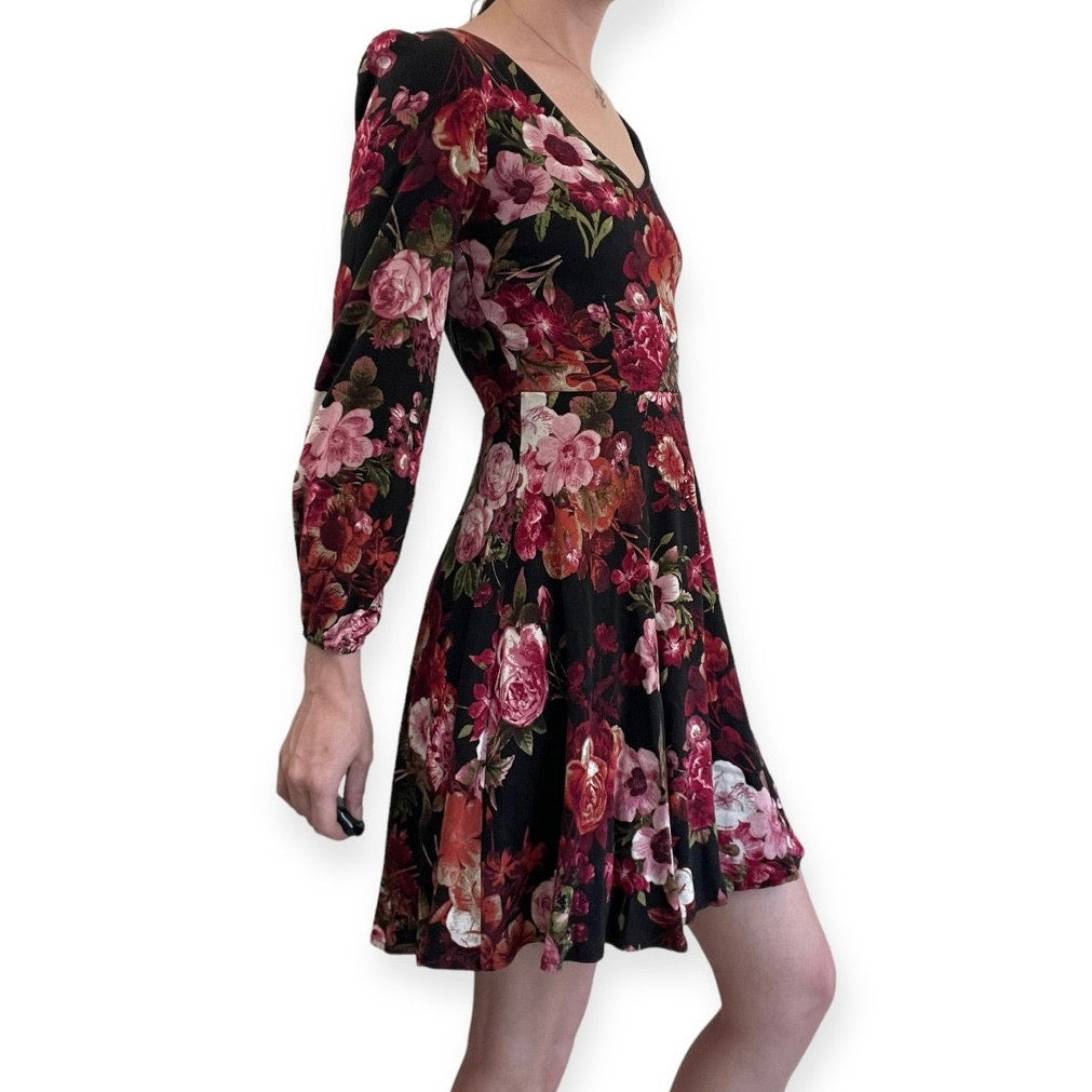 Fervour Black and Red Floral A-Line Long Sleeve Mini Dress