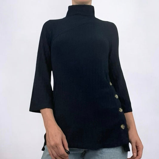 Anthropologie Navy Blue Soft Knit High Neck Button Sides Sweater