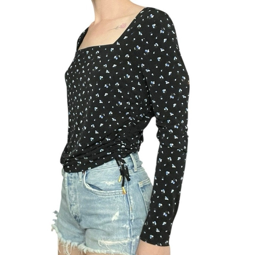 Michael by Michael Kors Black & Blue Floral Long Sleeve Square Neck Blouse