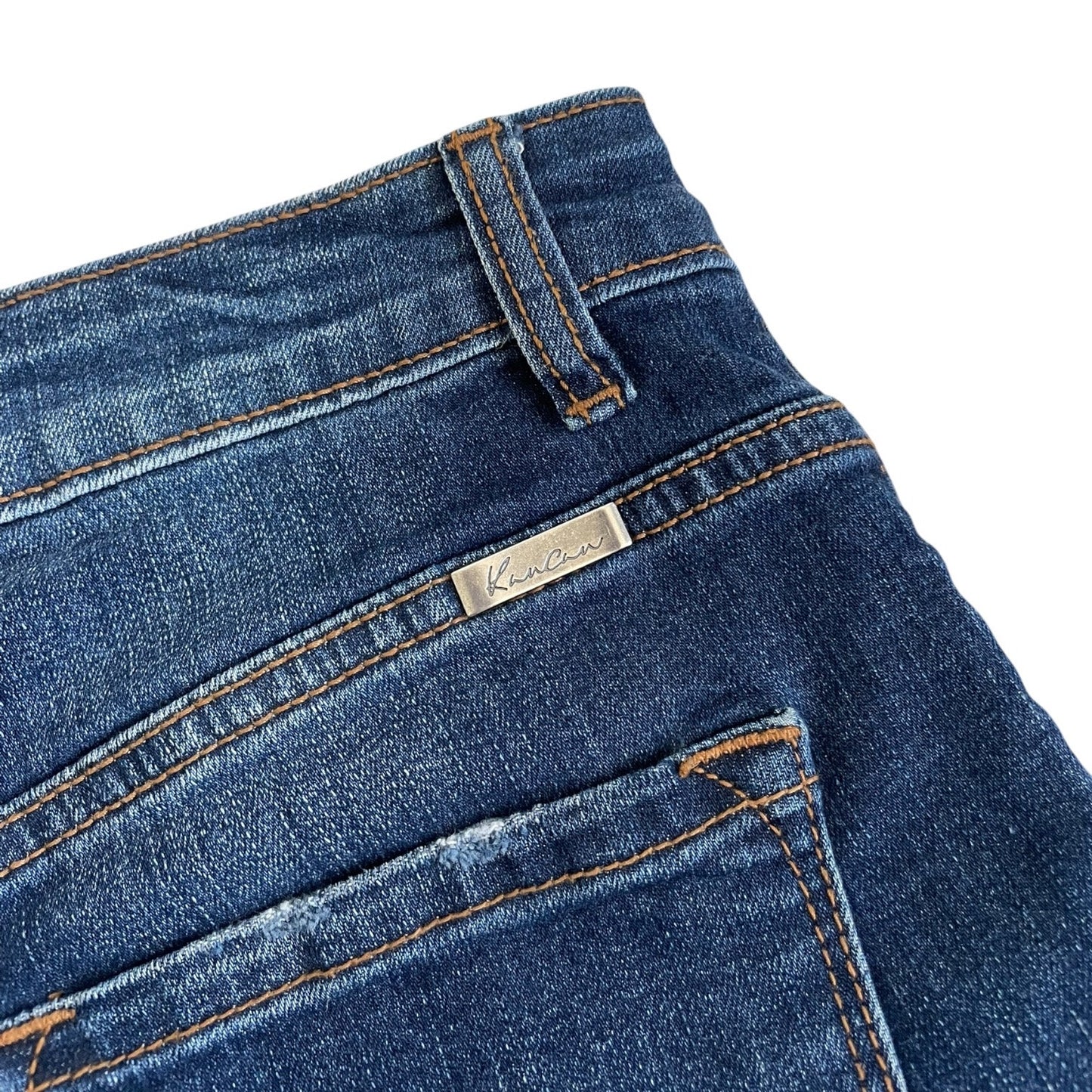 Kancan Dark Wash Distressed High Rise Mini Jean Shorts