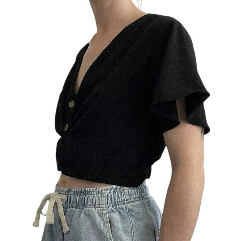 Timing Black Cropped Button Down Short Sleeve Blouse
