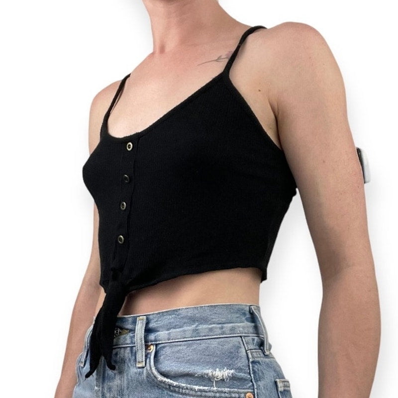 Bozzolo Black Soft Knit Cropped Button Front Tank Top