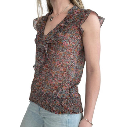 dmbm Sheer Floral V-Neck Ruffled Blouse