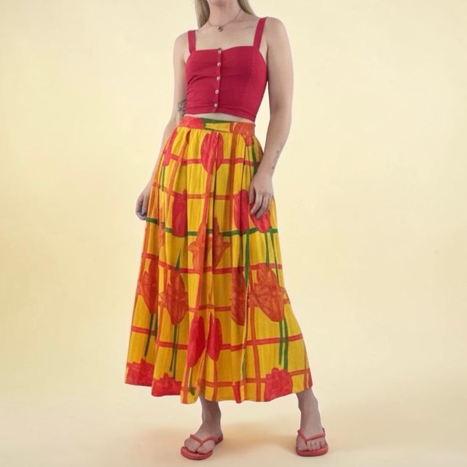 Moda Spiegel Yellow & Red Tulip Print Side Slit Maxi Skirt