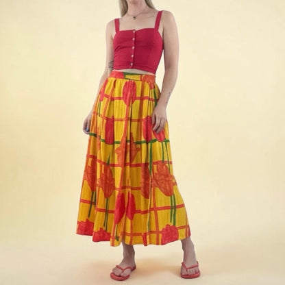 Moda Spiegel Yellow & Red Tulip Print Side Slit Maxi Skirt