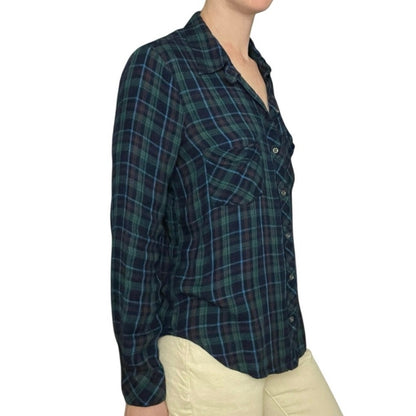 William Rast Missy Blue & Green Plaid Long Sleeve Button Down Shirt
