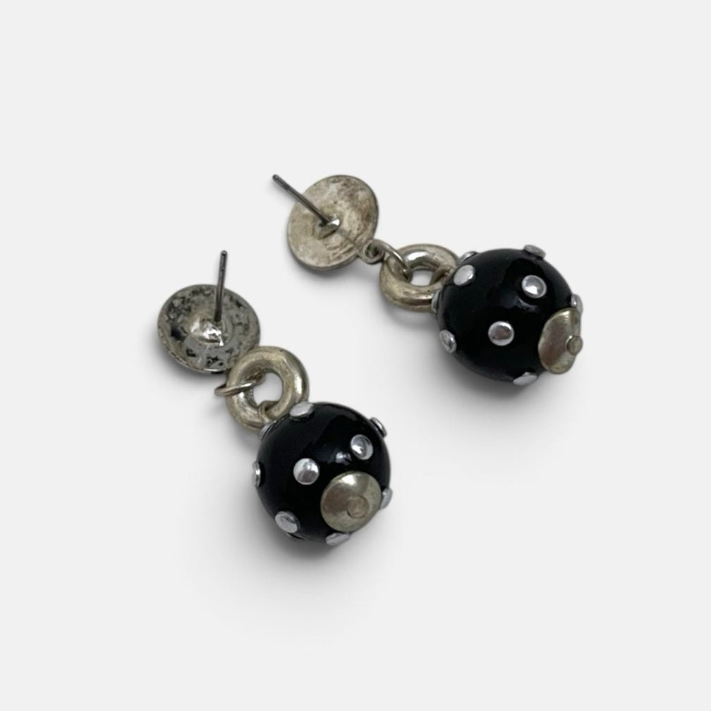 Black & Silver Tone Polka Dot Dangle Earrings