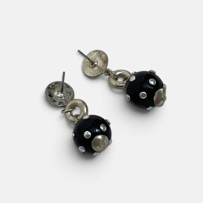 Black & Silver Tone Polka Dot Dangle Earrings