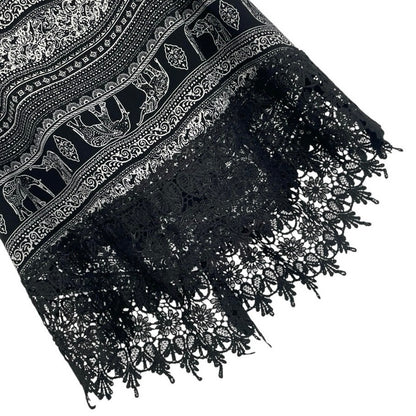 Black & White Boho Elephant Print Lace Trim Tank Top