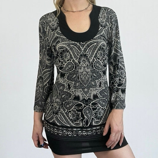 Apt. 9 Black & White Boho Paisley Long Bell Sleeve Blouse
