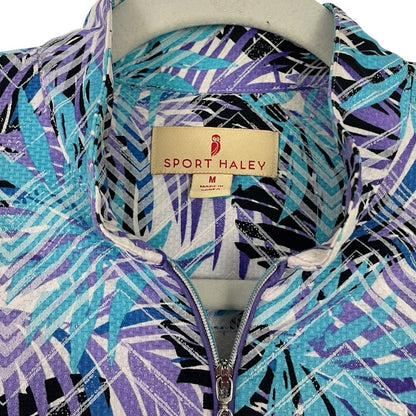 Sport Haley Blue & Purple Tropical Leaf Quarter Zip Active Polo Shirt