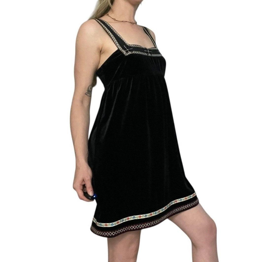 Free People Black Velvet Embroidered Trim Tie Back Mini Dress