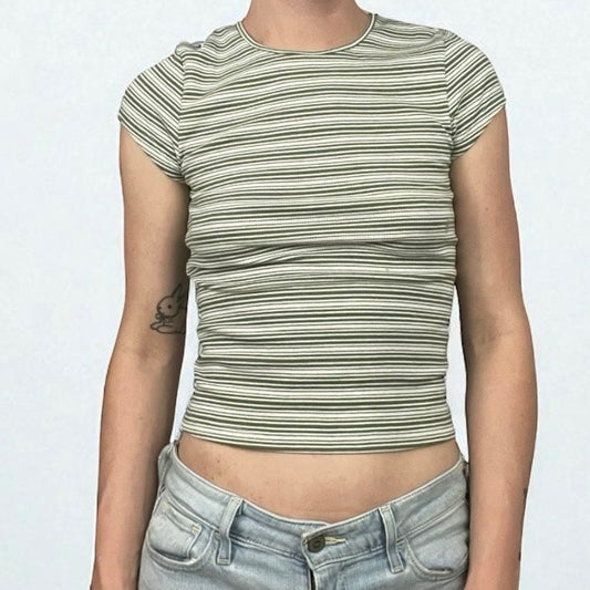 NWT American Eagle Green & White Striped Ribbed Short Sleeve Top
