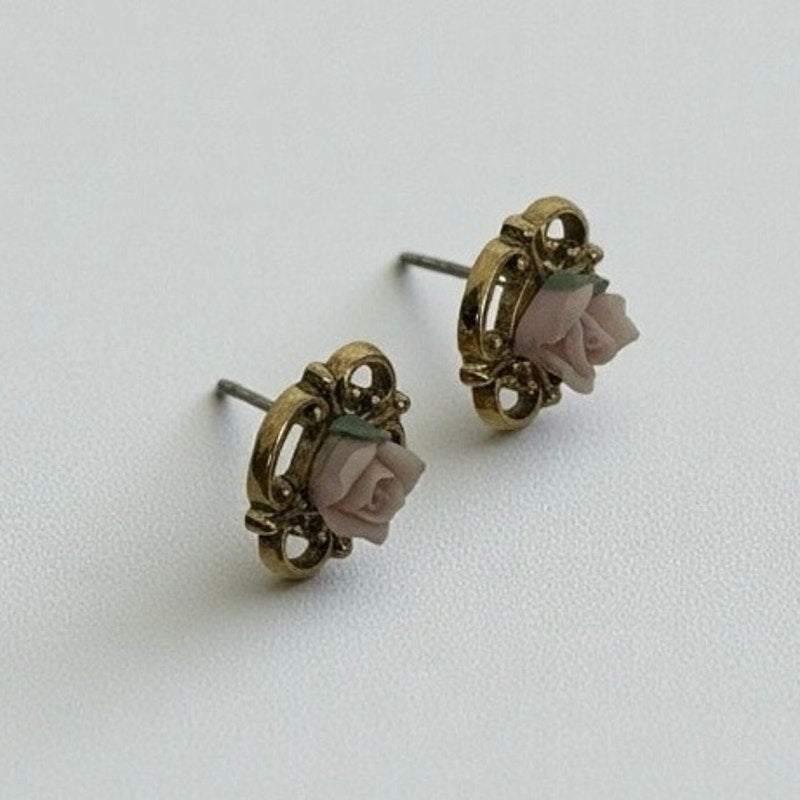Vintage Pink Rose Gold Pendant Stud Earrings